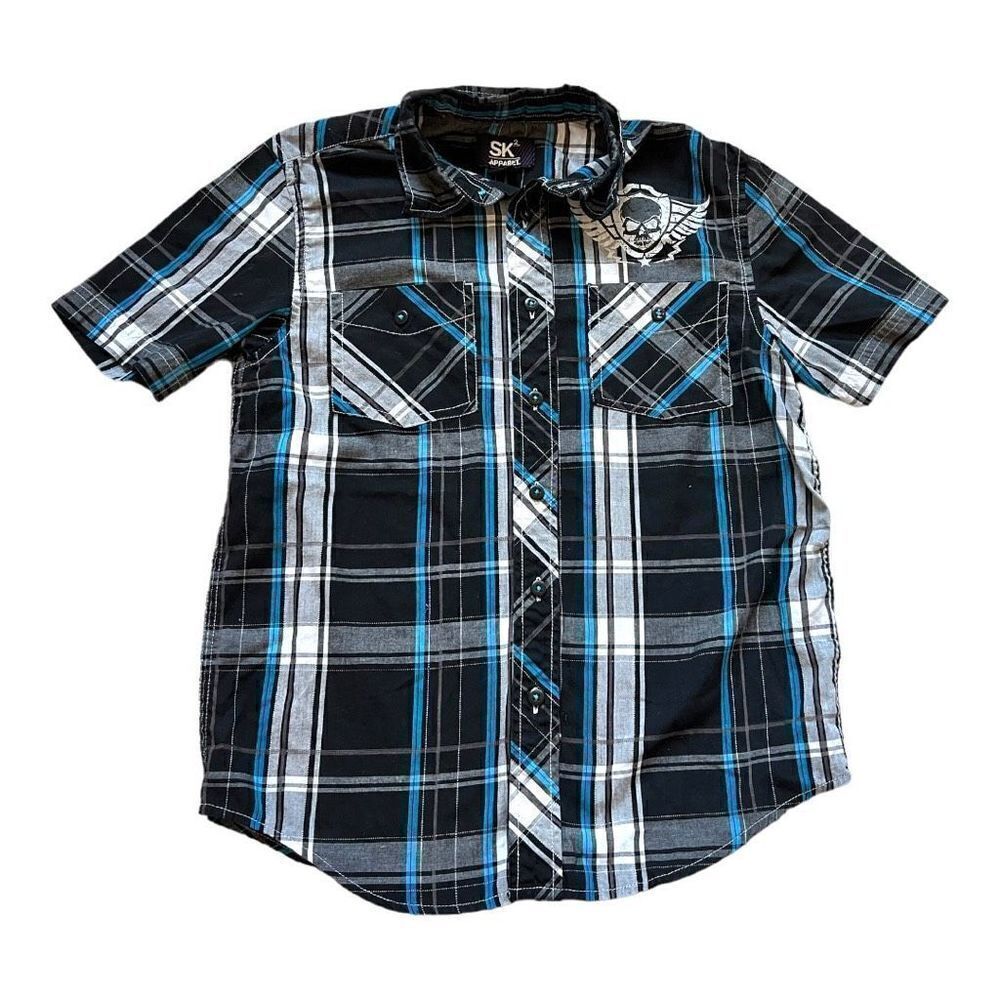 Boys SK2 SK II Apparel Skull Print Plaid Button Down Shirt  - Sz L ( 10 / 12 )